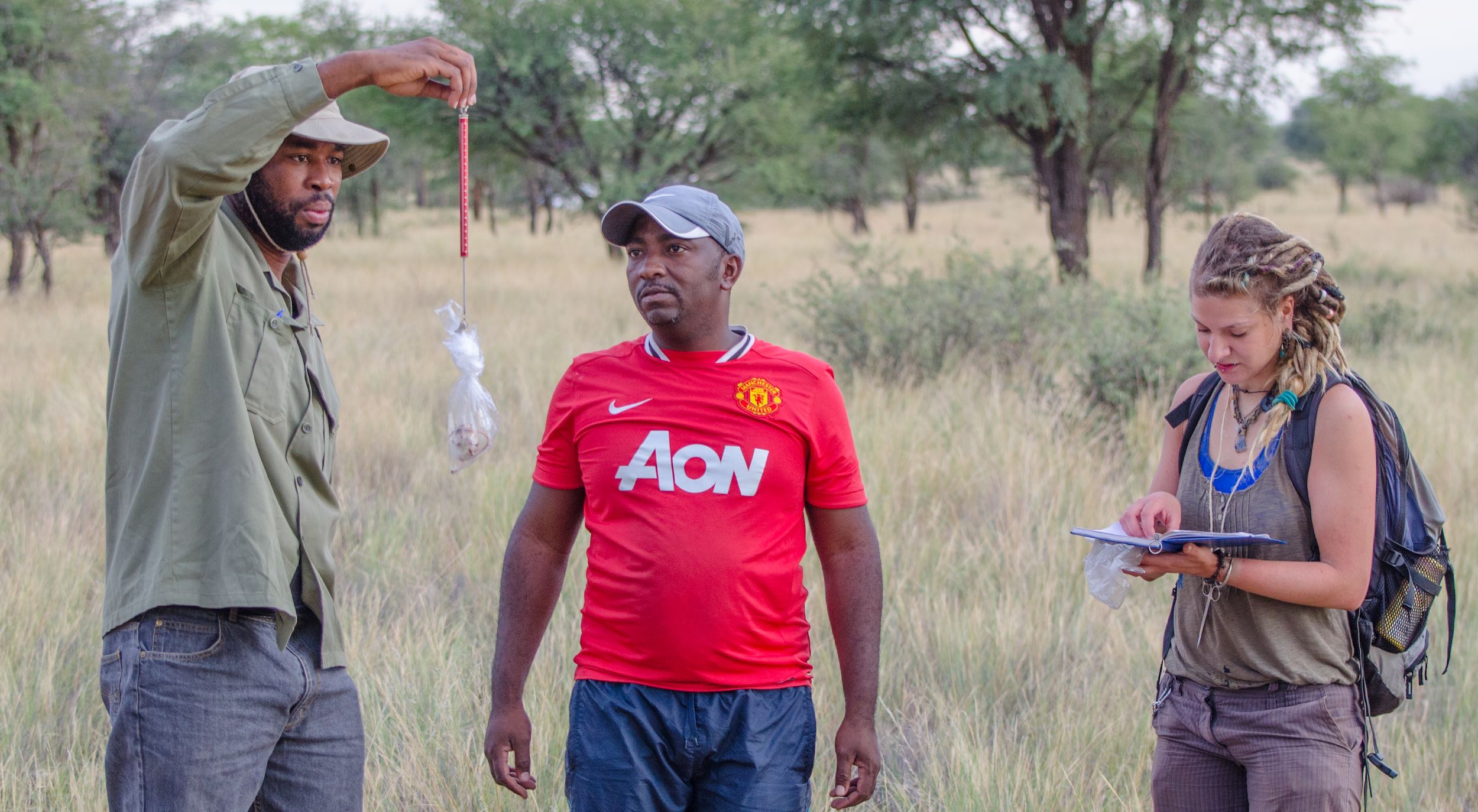 Three researchers weigh a small mammal prior to releasing it.