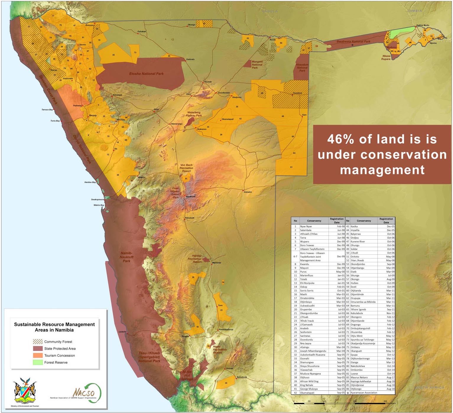 A map of Namibia showing the National Parks and conservancies..