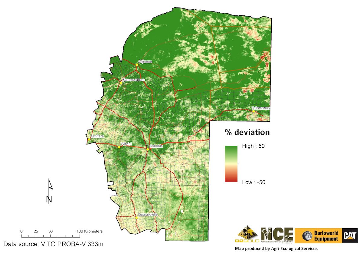 A map of the Omaheke region of Namibia showing, in general, that the northern half of the province is in better condition that the southern portion.