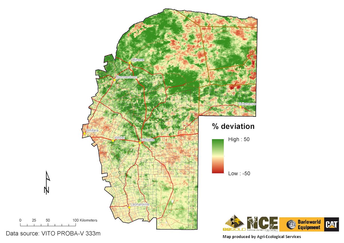 A map of the Omaheke region of Namibia showing, in general, the highest variation in the NW.