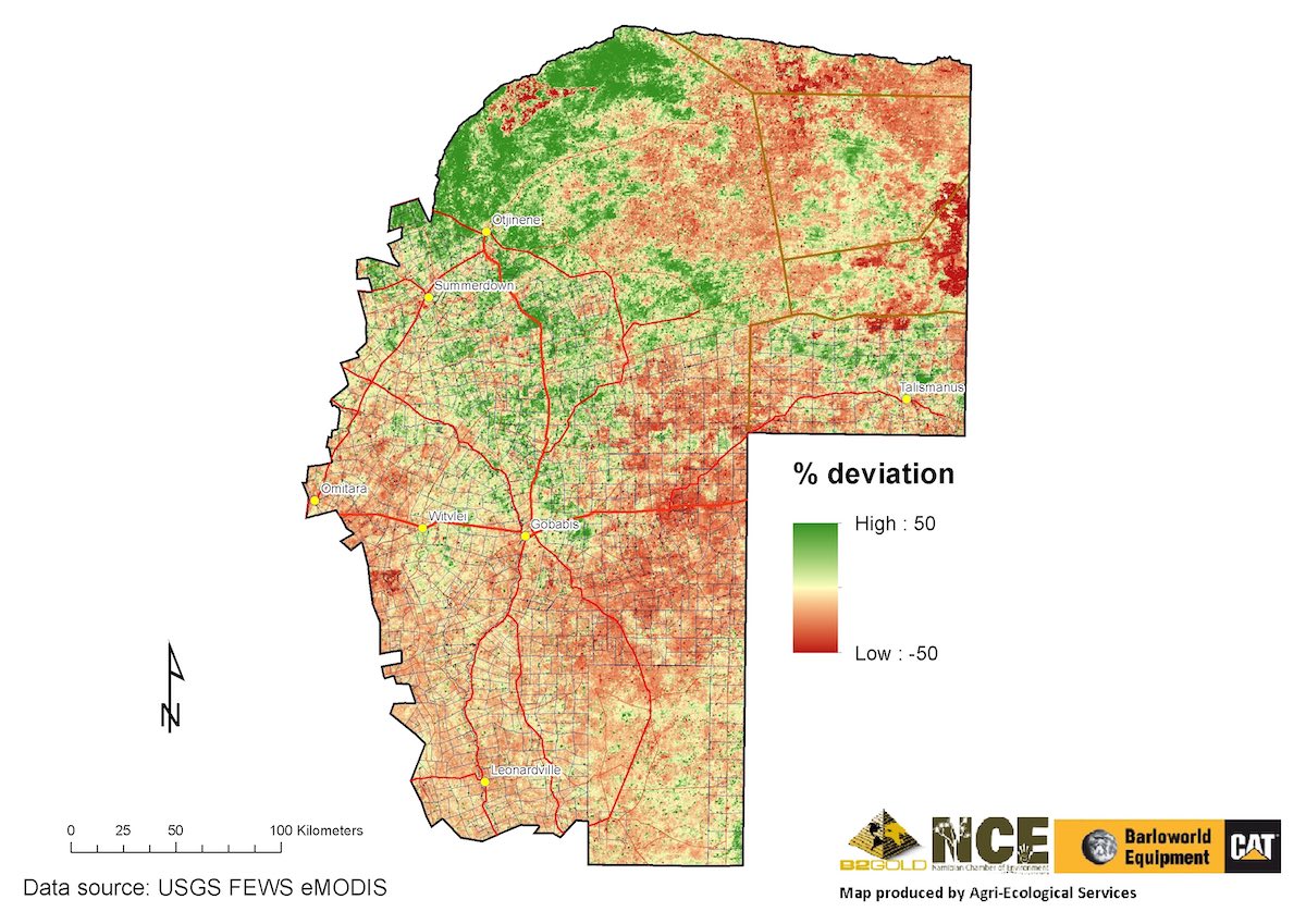 A map of the Omaheke region of Namibia showing, in general, that the best condition land is in the NW.