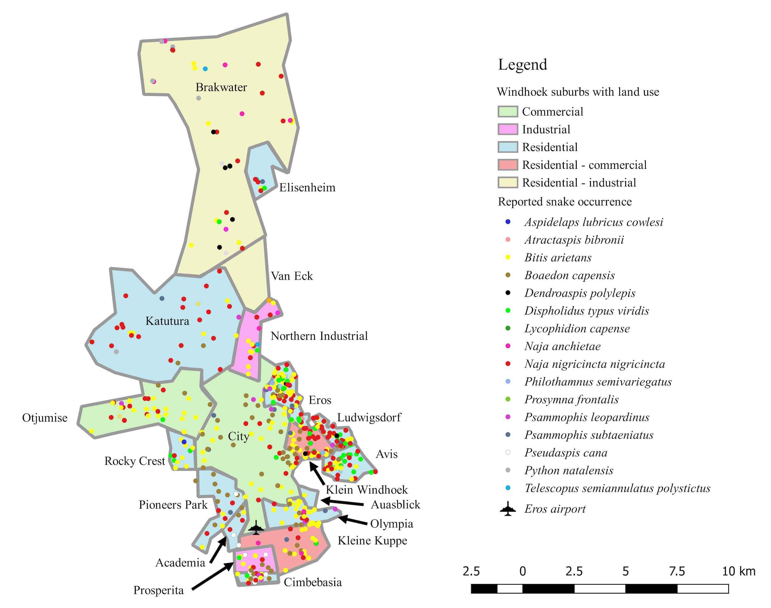 Map of Windhoek suberbs showing where snakes have been found.