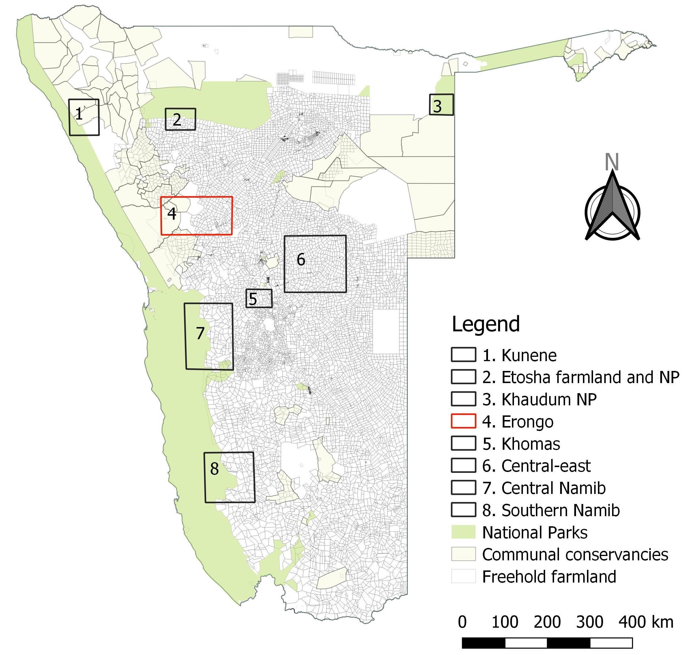 A map of Namibia showing the various study areas.