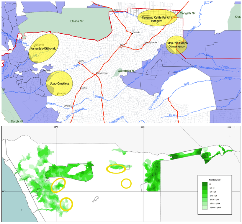 A map of northern Namibia showing the four areas of interest.