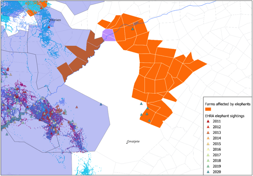 A map showing five years of elephant movement on the Kavango cattle ranch.