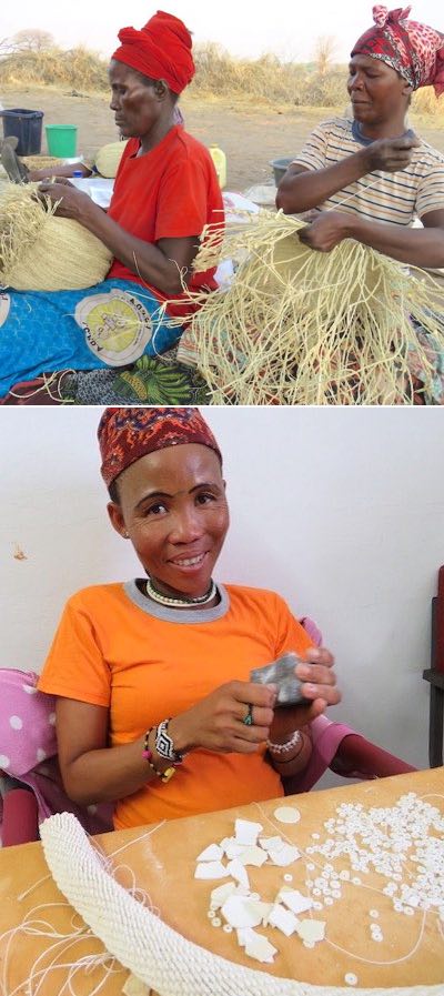 Various San people work on craft projects to sell via Omba Arts Trust.