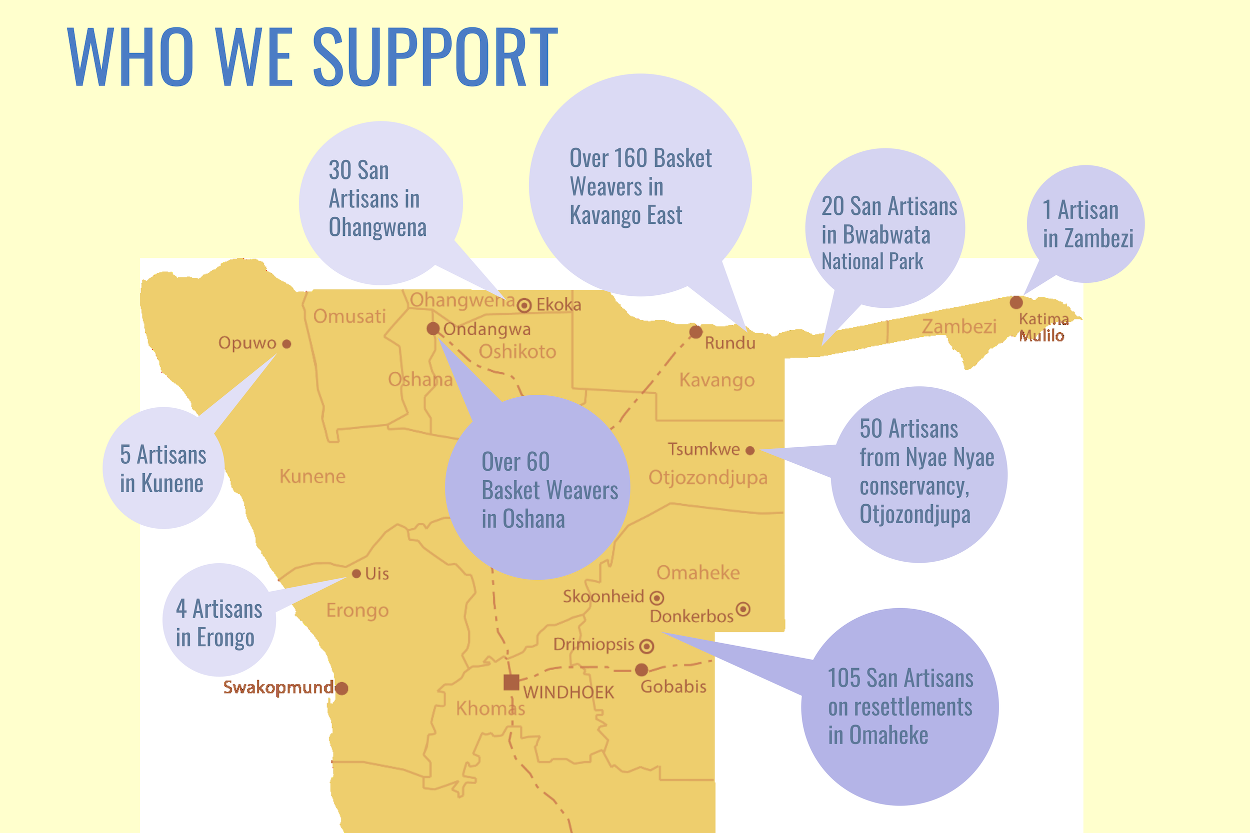 A map of northern Namibia showing the various locations where Omba Arts Trust operates.