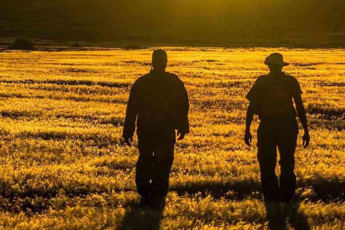 Two game rangers walk across a grassy plain. Ahead the sun is just visible above a mountain range.
