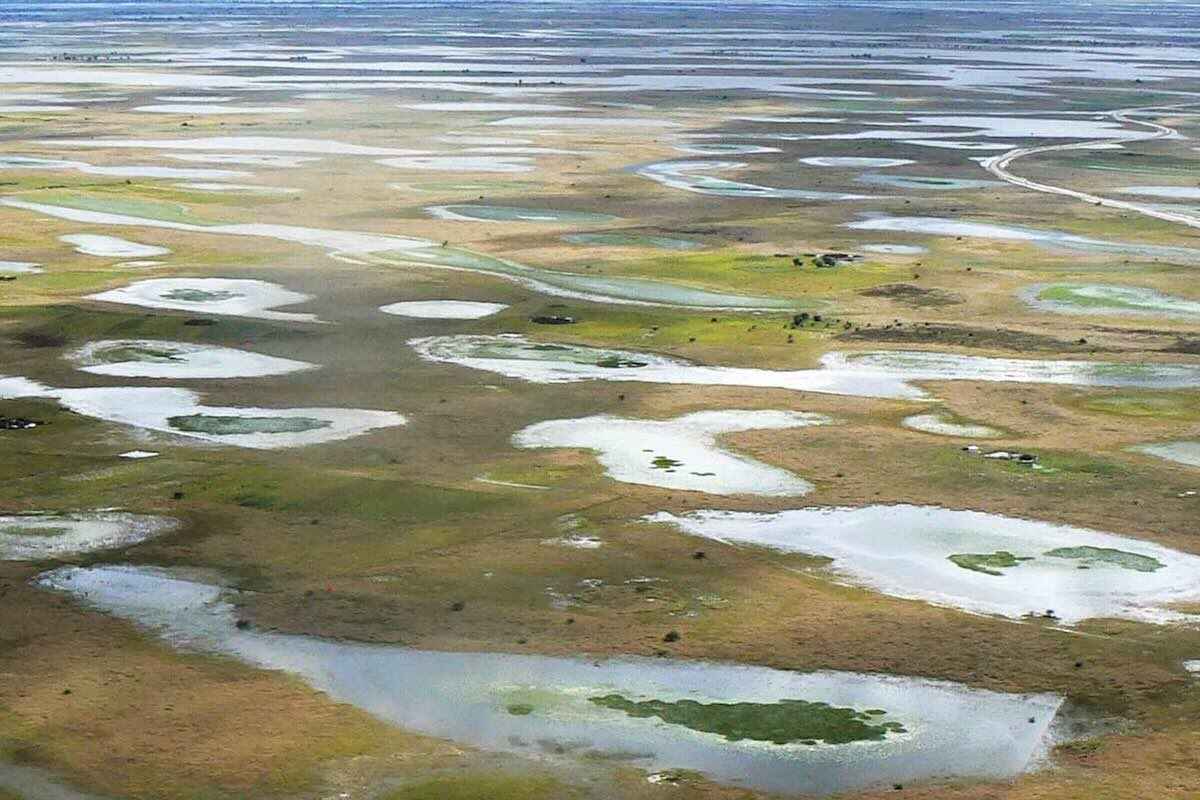 Wet pans dot the landscape as far as the eye can see.