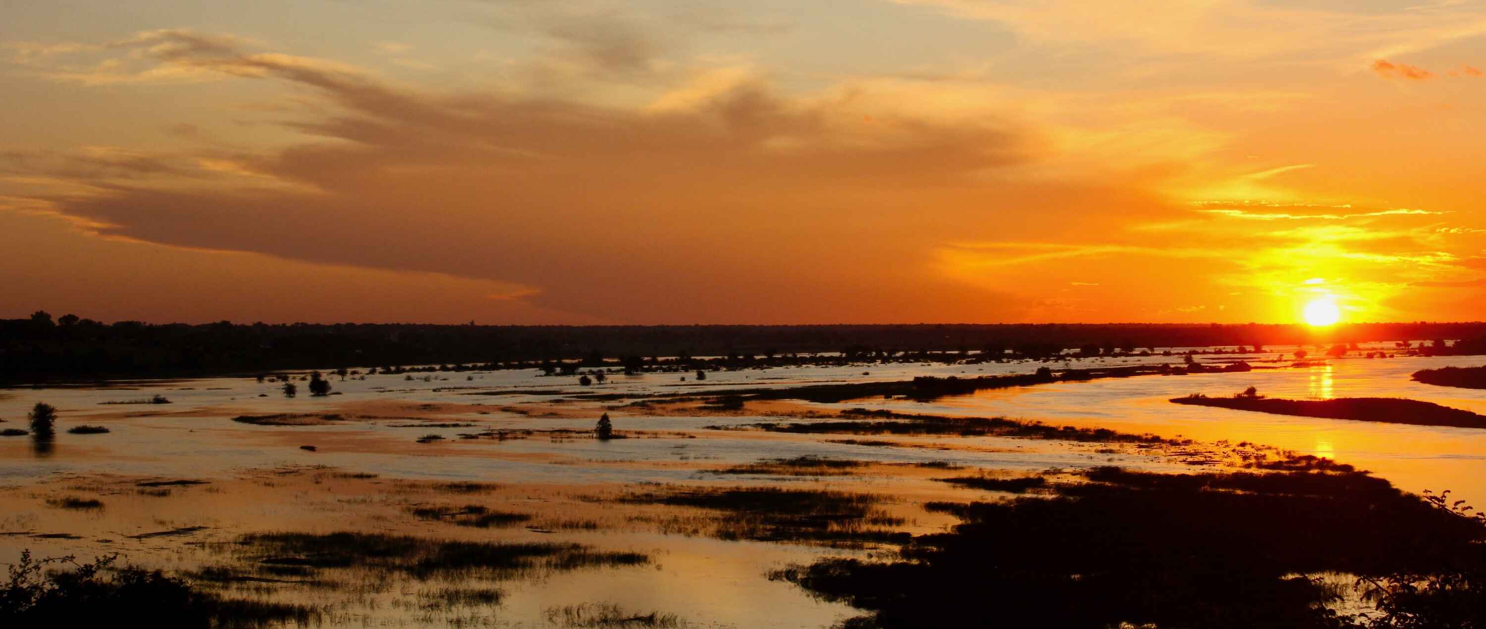 The sun setting over the Okavango River.