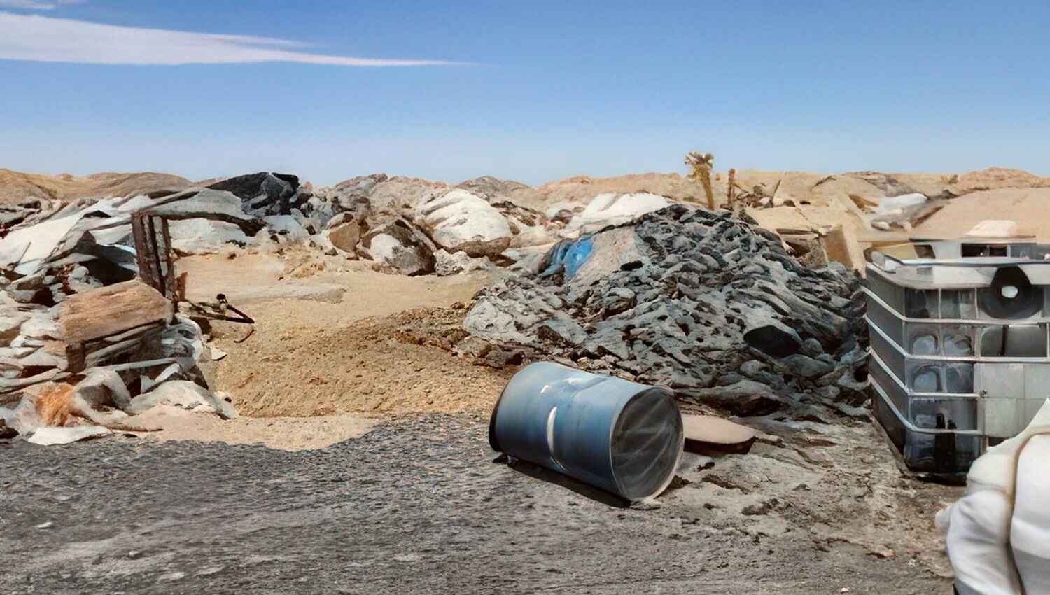 Discarded industrial waste lying haphazardly in the desert.