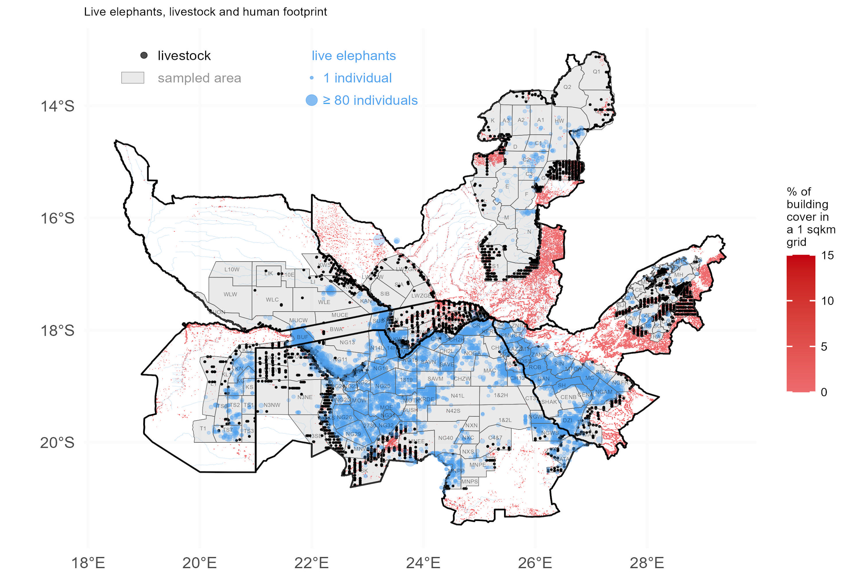 A map of the KAZA area showing where elephants, livestock and buildings are found.