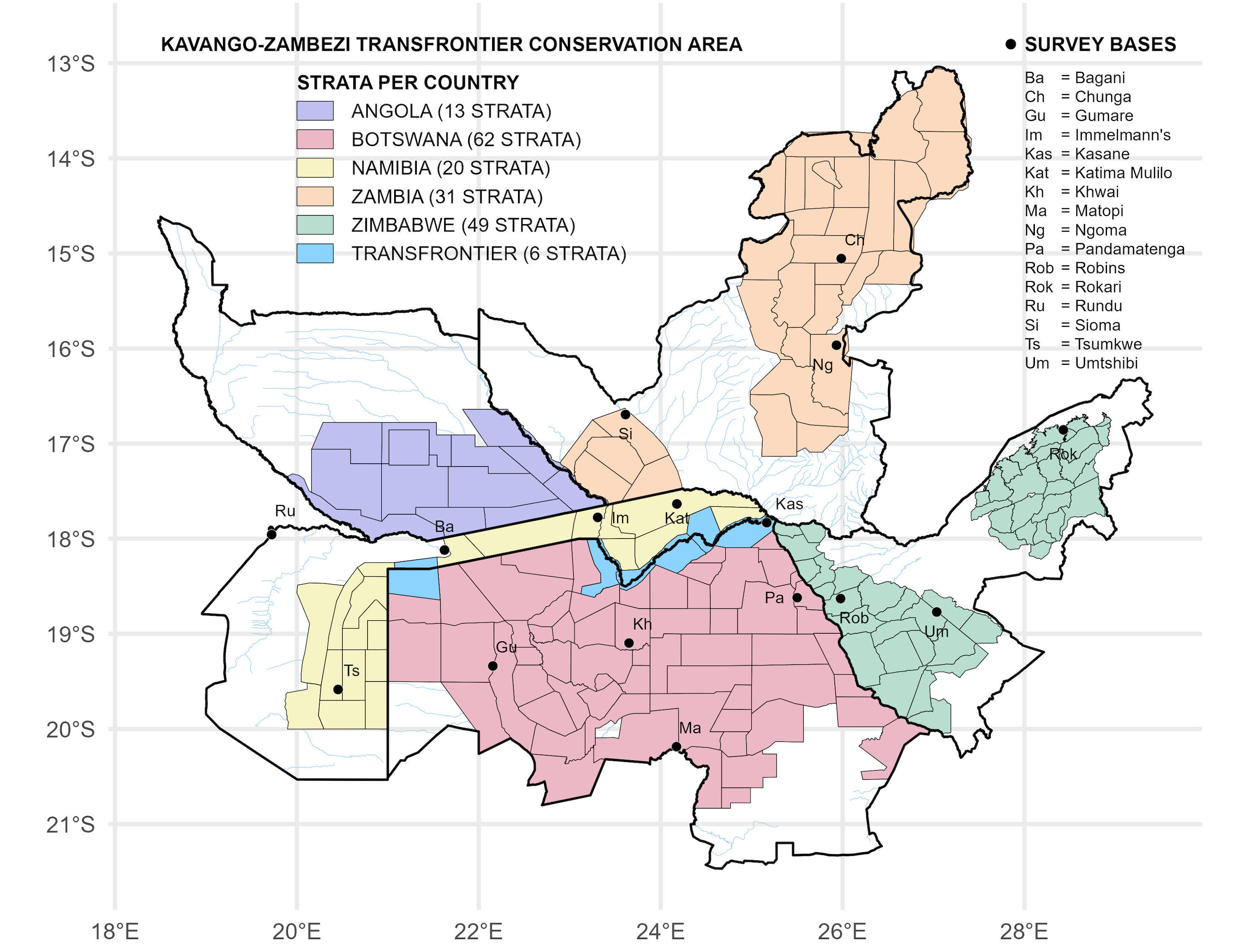 A map of the KAZA area showing the survey strata.