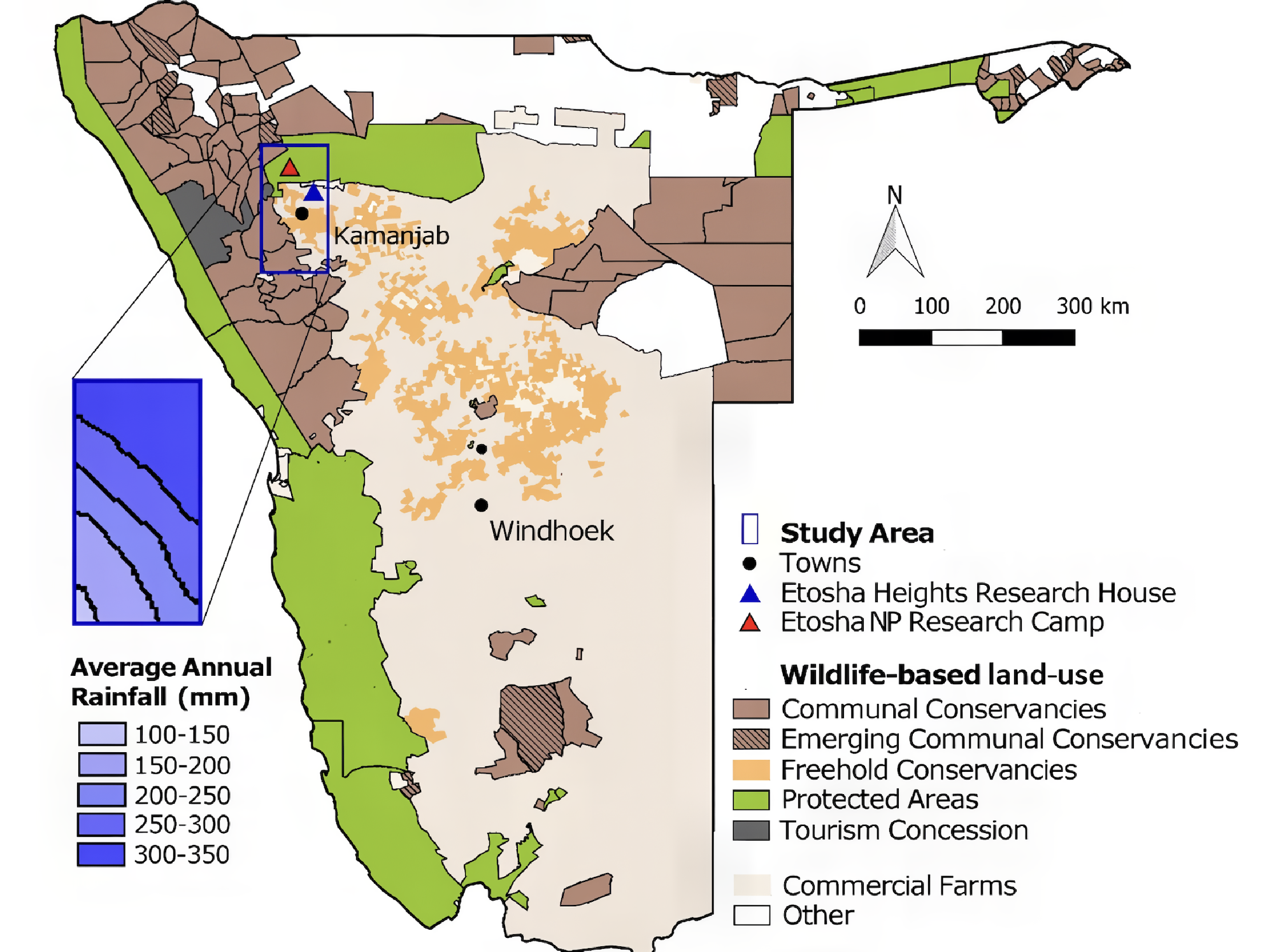 A map of Namibia showing wildlife land use and highlighting the study area.