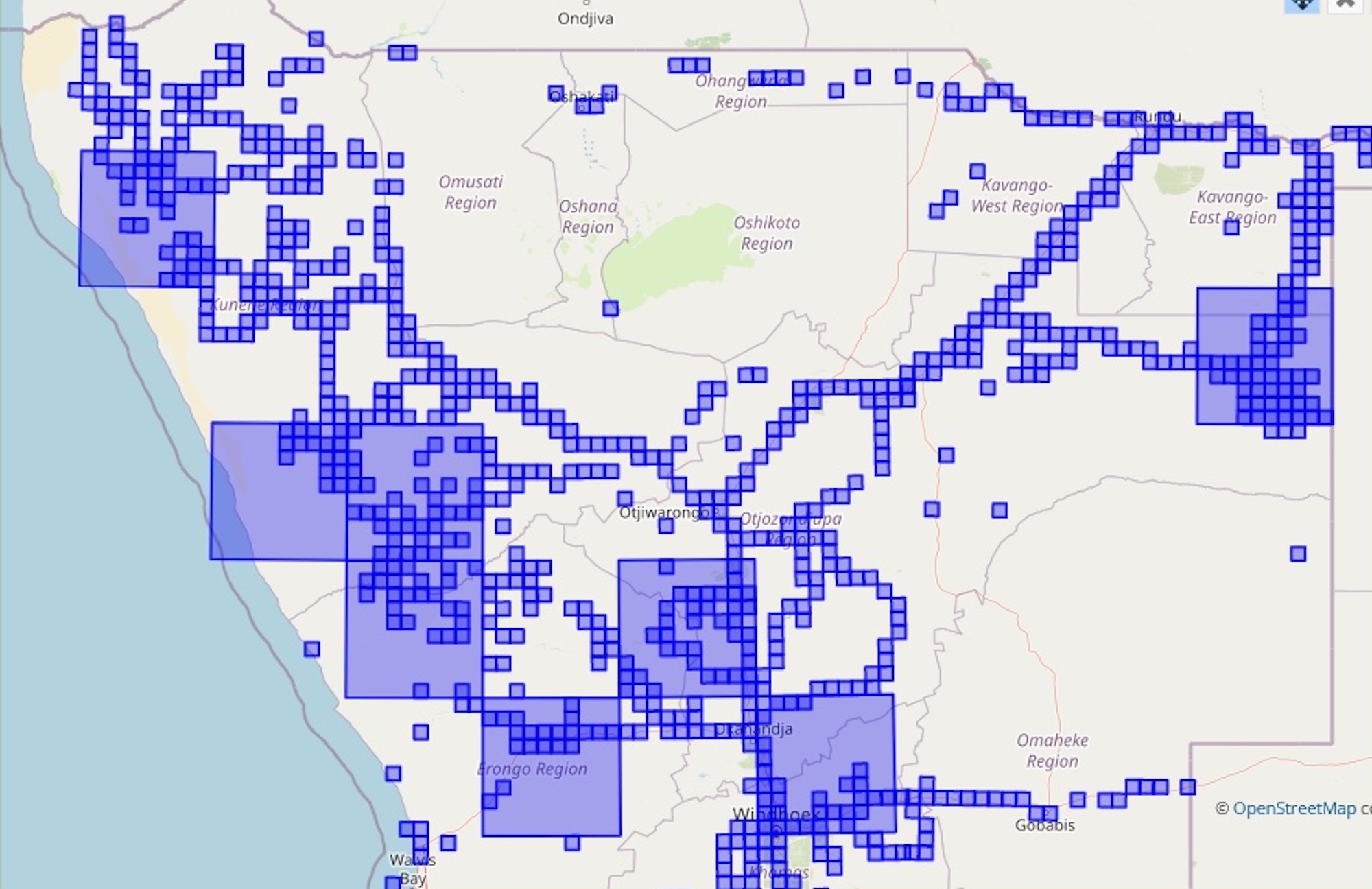 A sightings map of north and central Namibia.