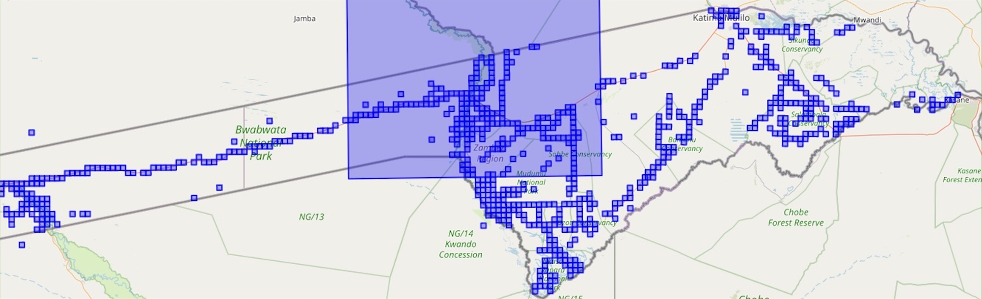 A map of the Zambezi region of Namibia.