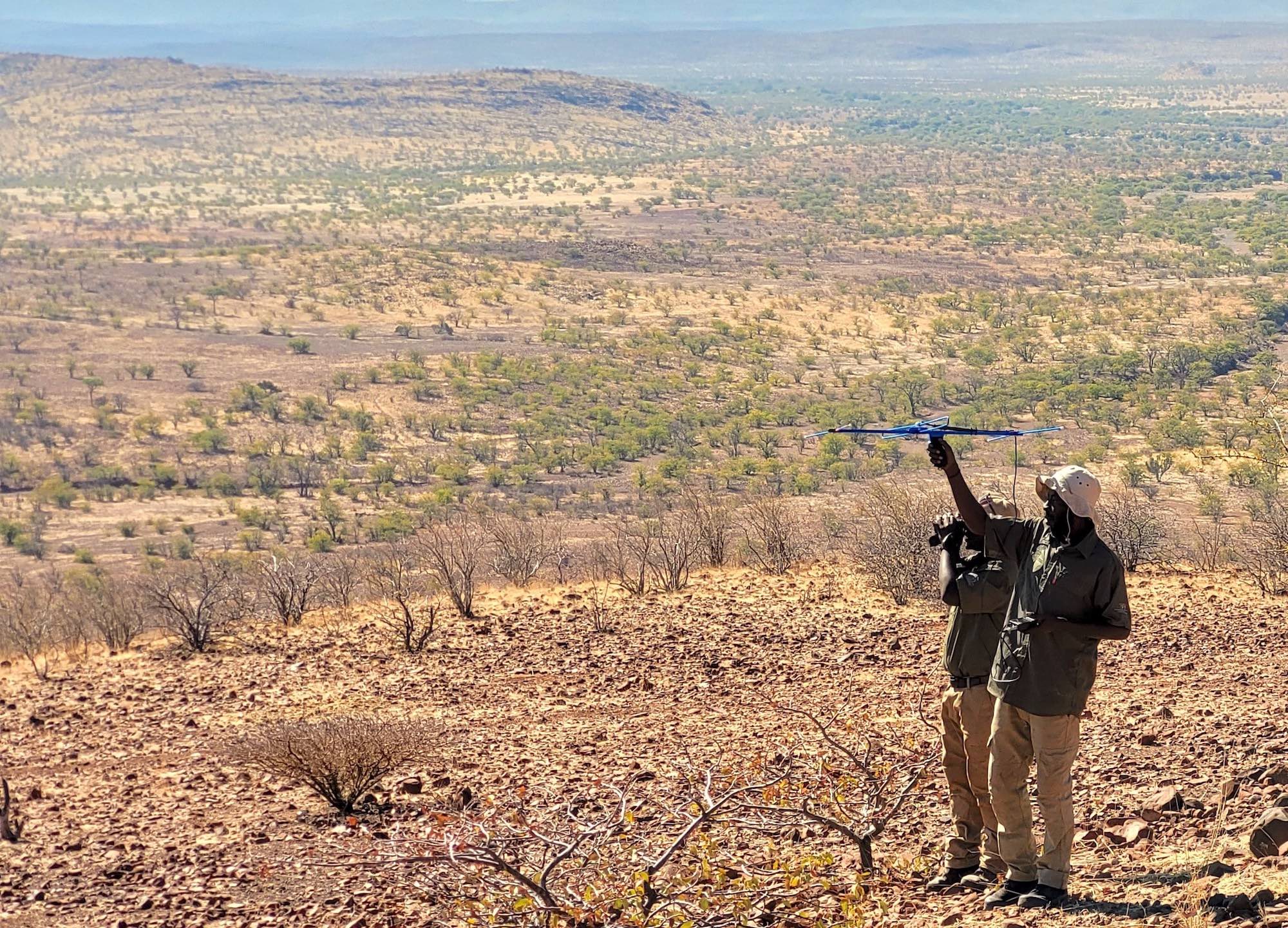 Two men radio-tracking against the vast backdrop of the region.