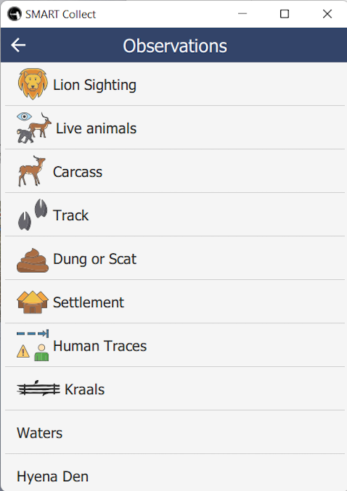 Screen capture of SMART phone screen showing menu options including: live animals, carcass, tracks, dung.