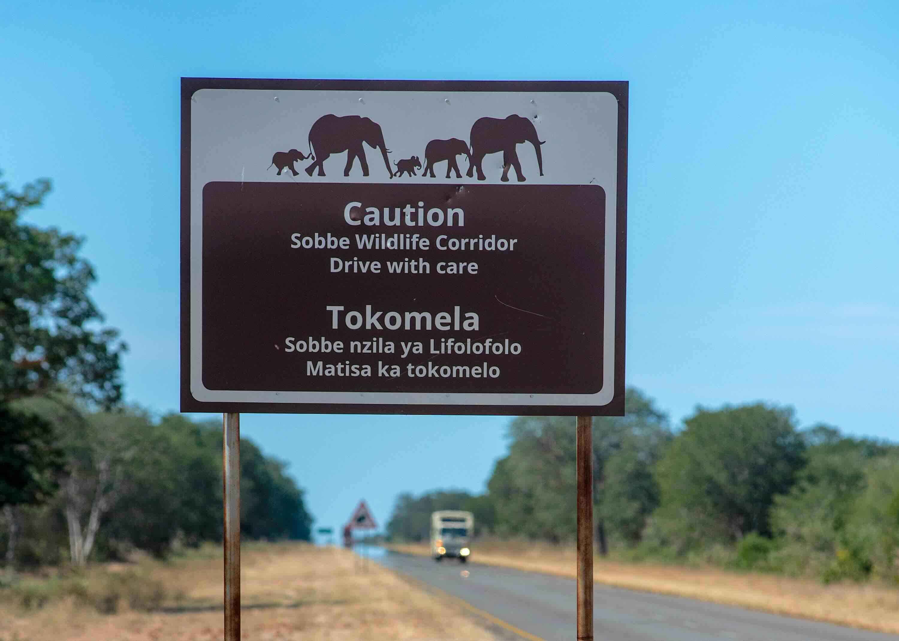 A road sign warning in two languages that you are driving in the Sobbe Wildlife Corridor.