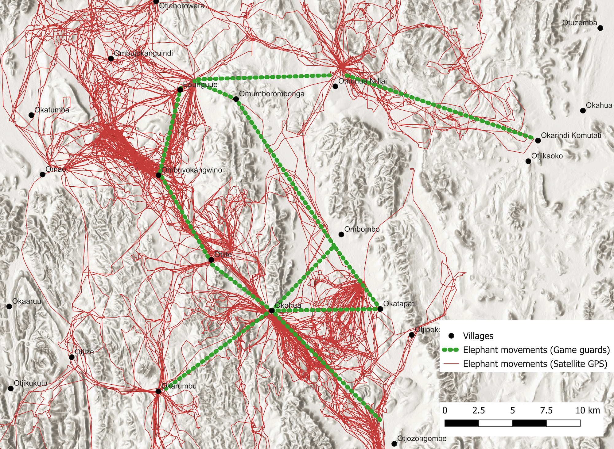 Map showing elephant movements recorded in two different ways.