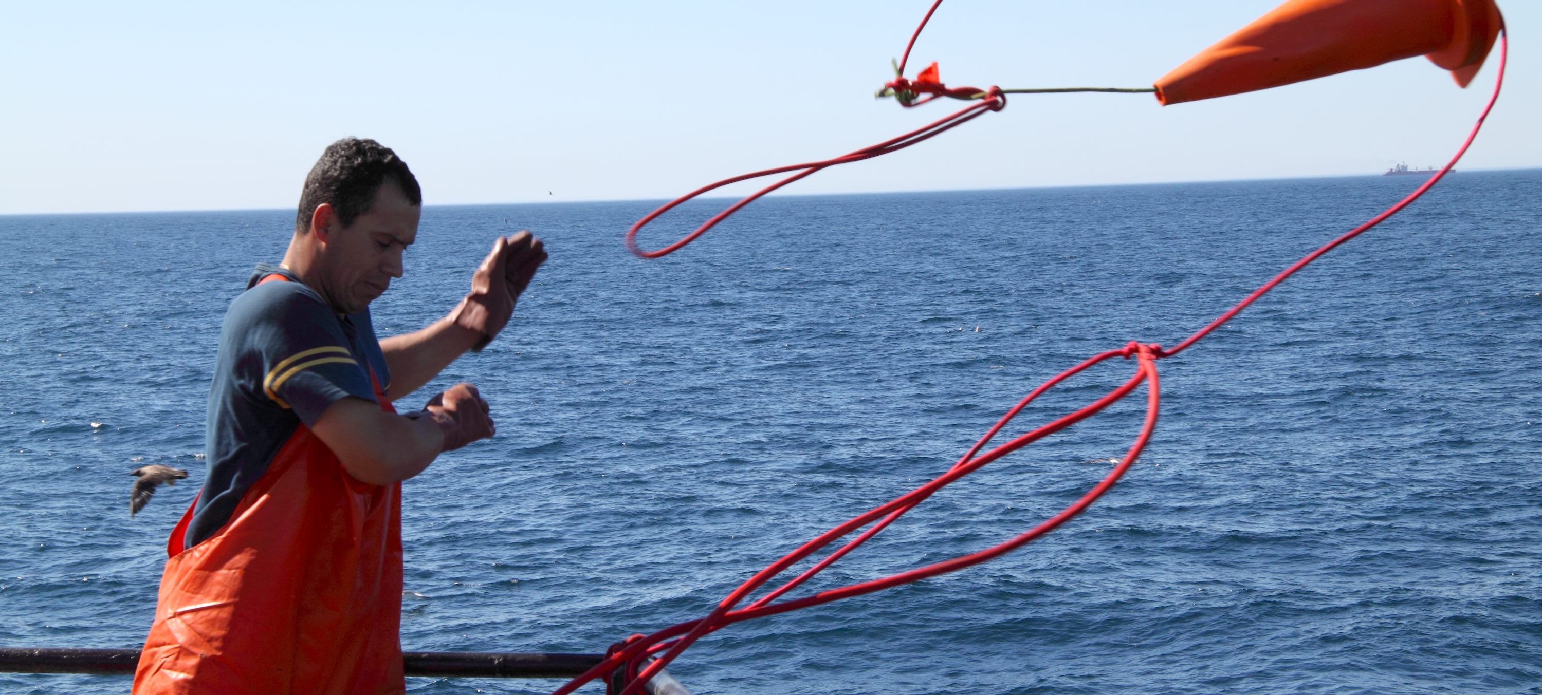 A fishman dressed in blue and orange throws a red line overboard.