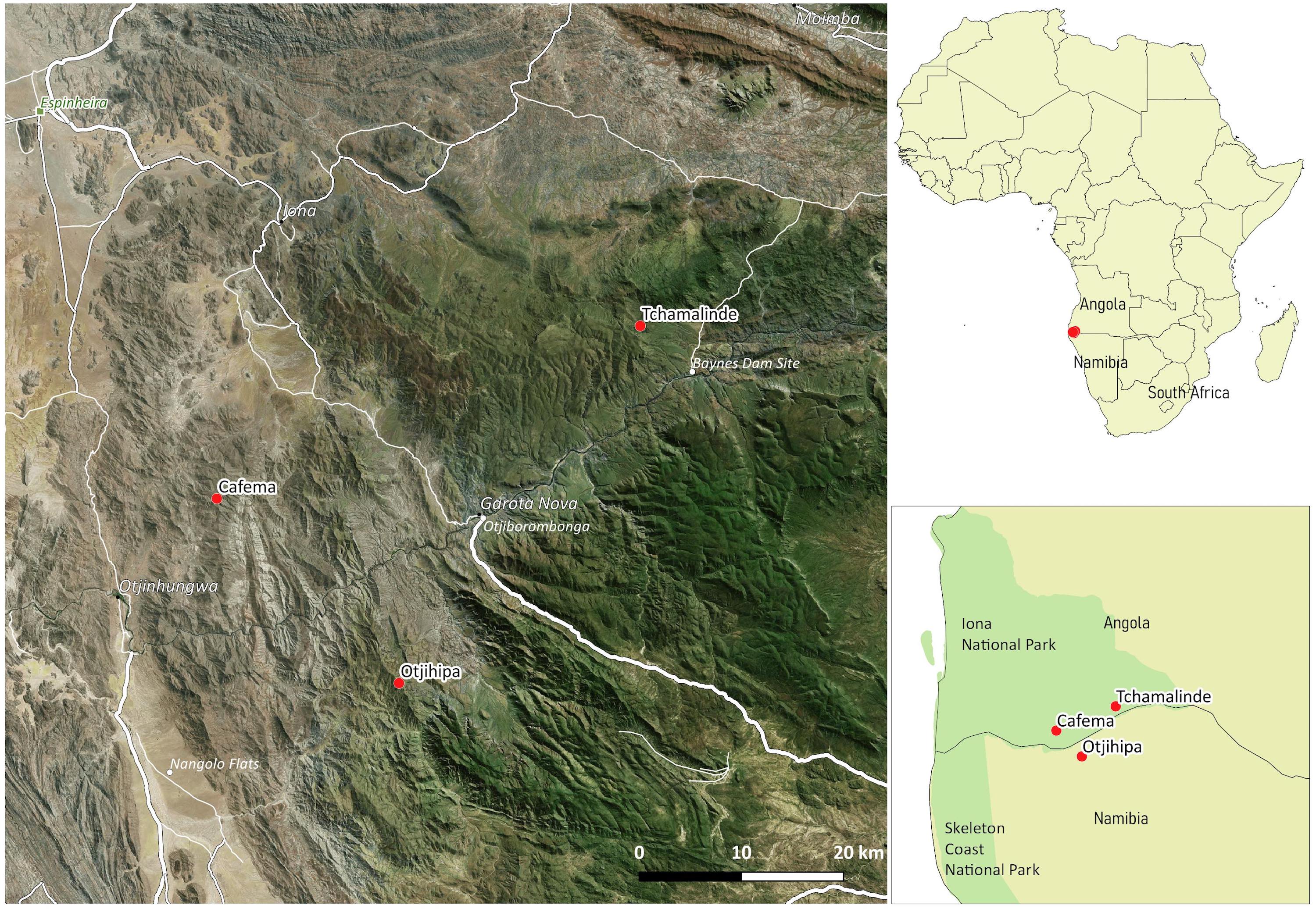 A map focussing on the border area between Namibia and Angola, showing the location of the three mountains visitied.