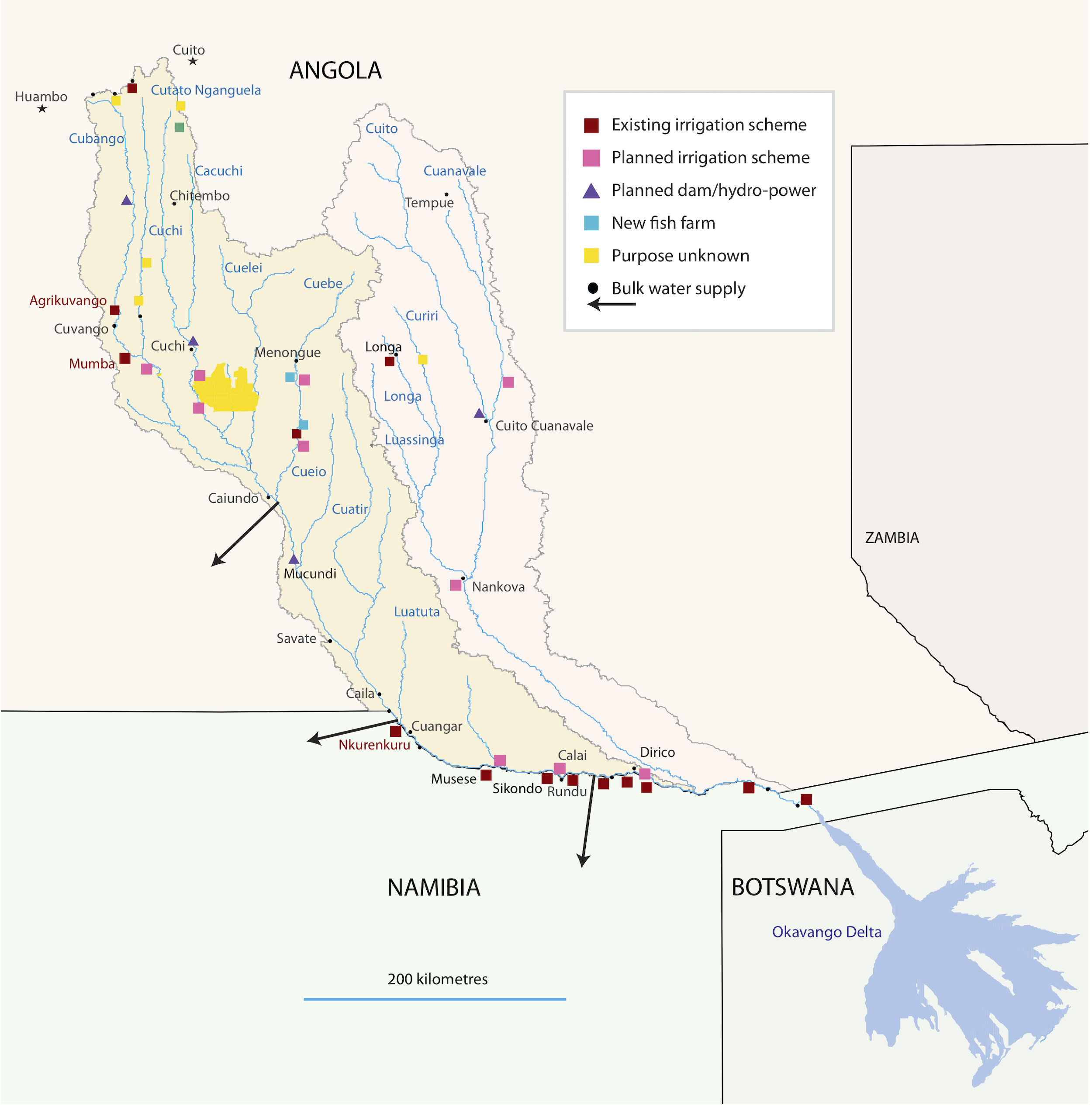 A map of Angola. Namibia and northern Botswana showing the river system.